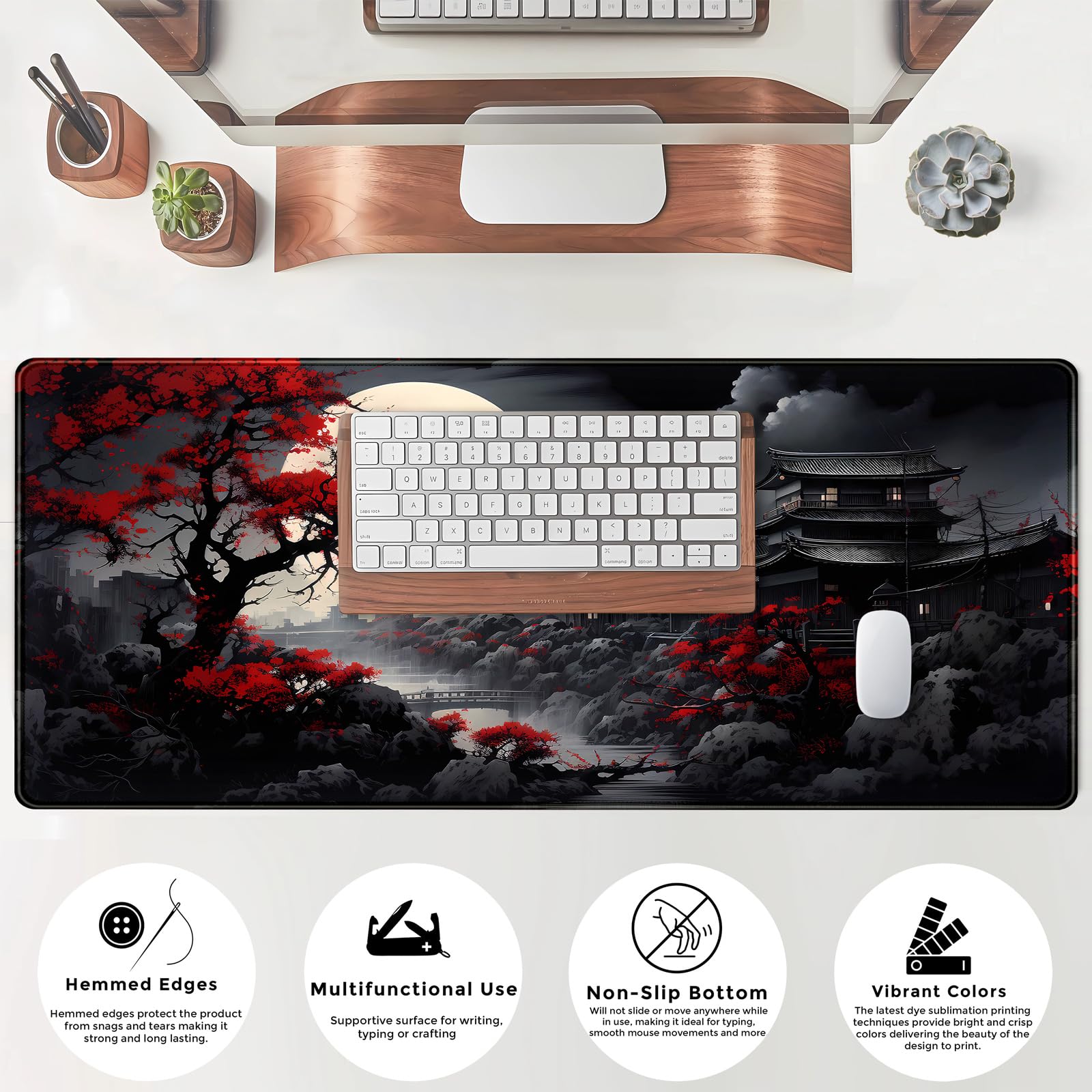 Riverside Full Moon Desk Mat Japanese Desk Pad Black Red Large Mouse Pad Gaming Mousepad Extended
