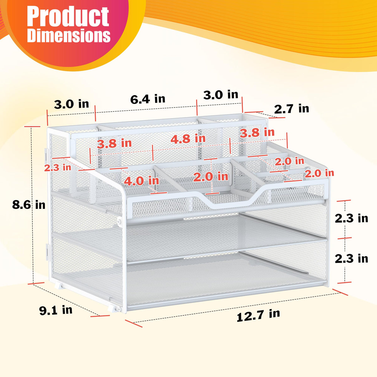 Docnest 3 Tier Mesh Desk Organizer with Letter Tray & Paper Sorter, White