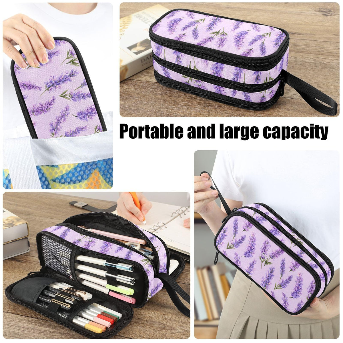Fustylead Watercolor Vintage Lavender Flowers Pencil Pen Case with 3 Compartments, Lightweight &