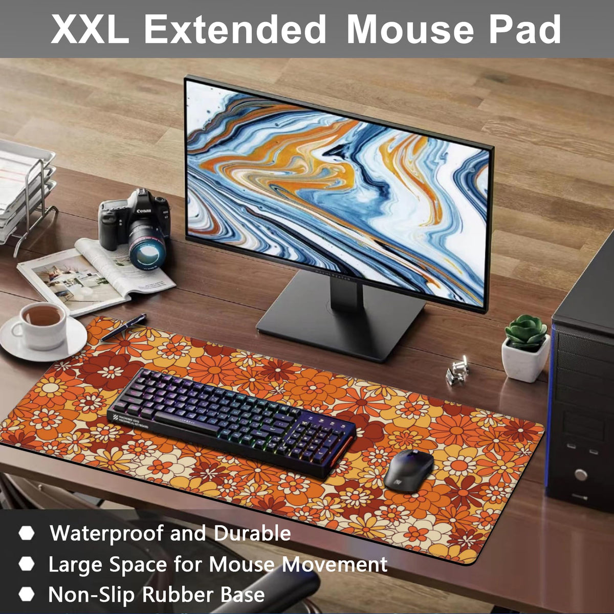 Mouse Pad, Large Retro Boho Hippie Flower Desk Mat, Extended Non-Slip Gaming Keyboard Mousepad Desk