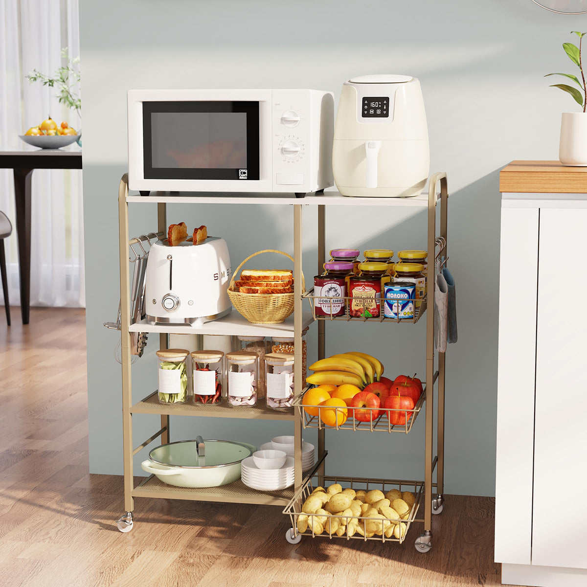 HapiRm Rolling Kitchen Microwave Cart - 4 Tier Microwave Table Stand with Pull-Out Baskets, Coffee