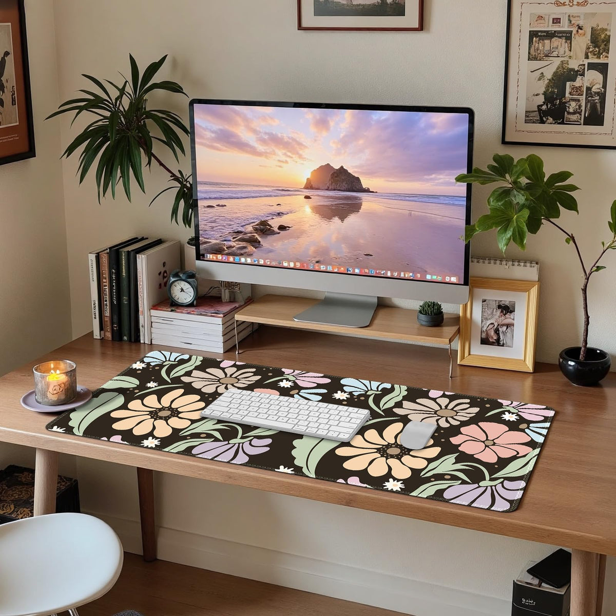 ARTSO Black Large Desk Mat,XXL Gaming Mouse Pad,Non Slip Desk Pad with Rubber Base,Floral Extended
