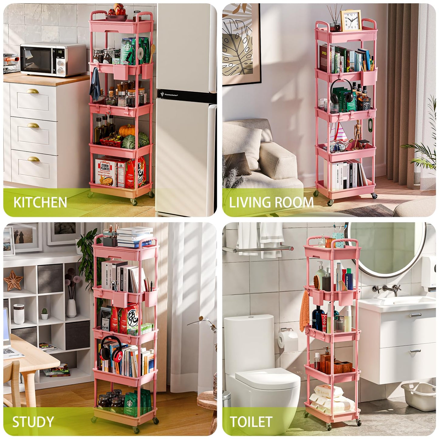 Sorgion 5 Tier Rolling Cart Organizer,Bathroom Cart Organizers with Wheels Laundry Room
