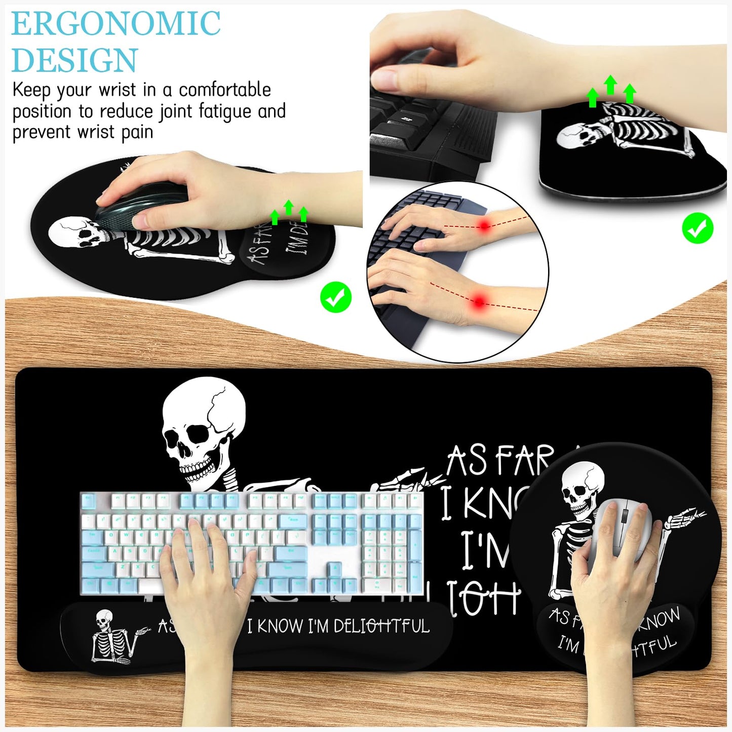 LIMKRIAN Ergonomic Mouse Pad with Wrist Rest Desk Mat Set, Skeleton Decor
