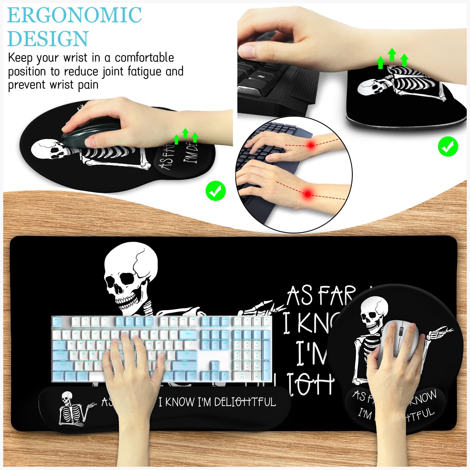 LIMKRIAN Ergonomic Mouse Pad with Wrist Rest Desk Mat Set, Skeleton Decor