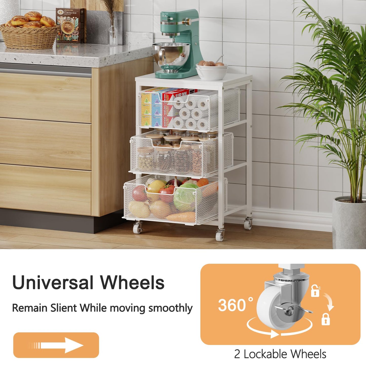 Kitchen Cart with Storage, 3-Tier Pantry Organizer and Storage Cart with Drawer, Fruit Vegetable