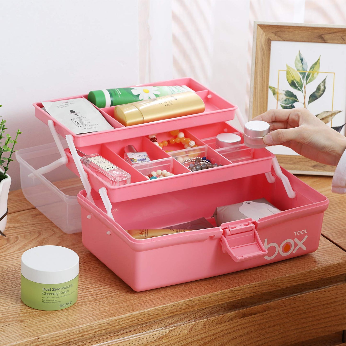 Kinsorcai 12'' Three-Layer Clear Plastic Storage Box with Handle, Craft Tool Box, 3 Layer Pink