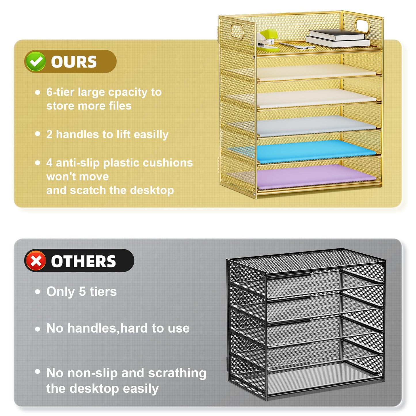 Marbrasse 2 Pack Desk Organizer with Handle, 6 Tier Paper Letter Tray, Mesh Desk File Organizer for