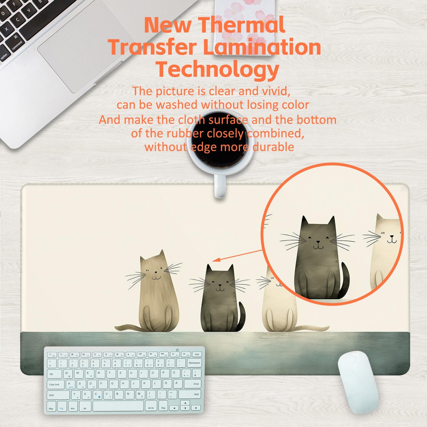 KOAIWPAE Desk Pad, Three Smiling Cartoon Cats Desk Mat, Large Gaming Mouse Pad, 31.5"x15.7"