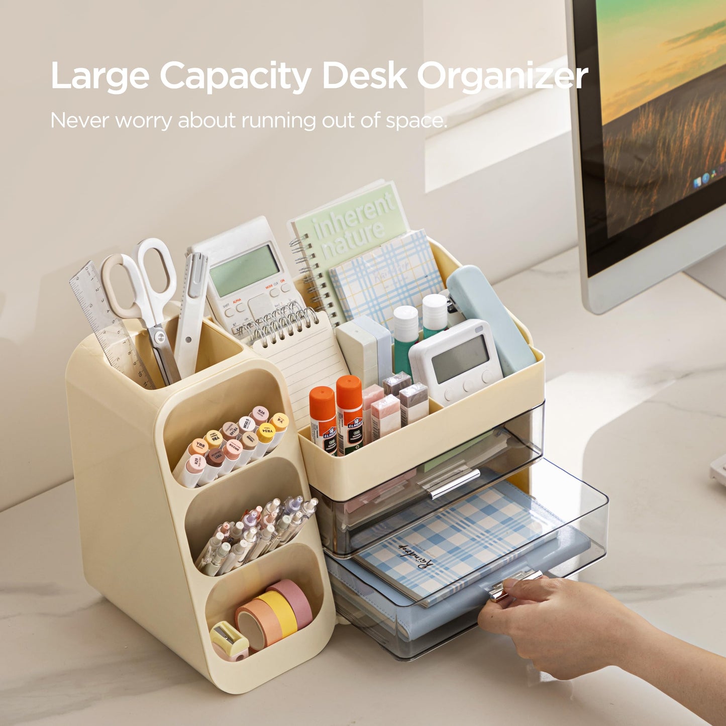 HBlife Desk Organizer with Pen Pencil Holder for Desk, Pen Organizer with 2 Drawers, Desk