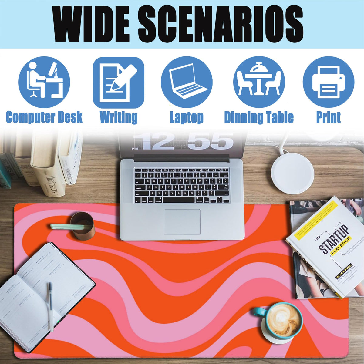 Large Gaming Mouse Pad for Desk,Hippie Groovy Waves Desk Mat for Desktop,Retro Groovy Swirls Desk