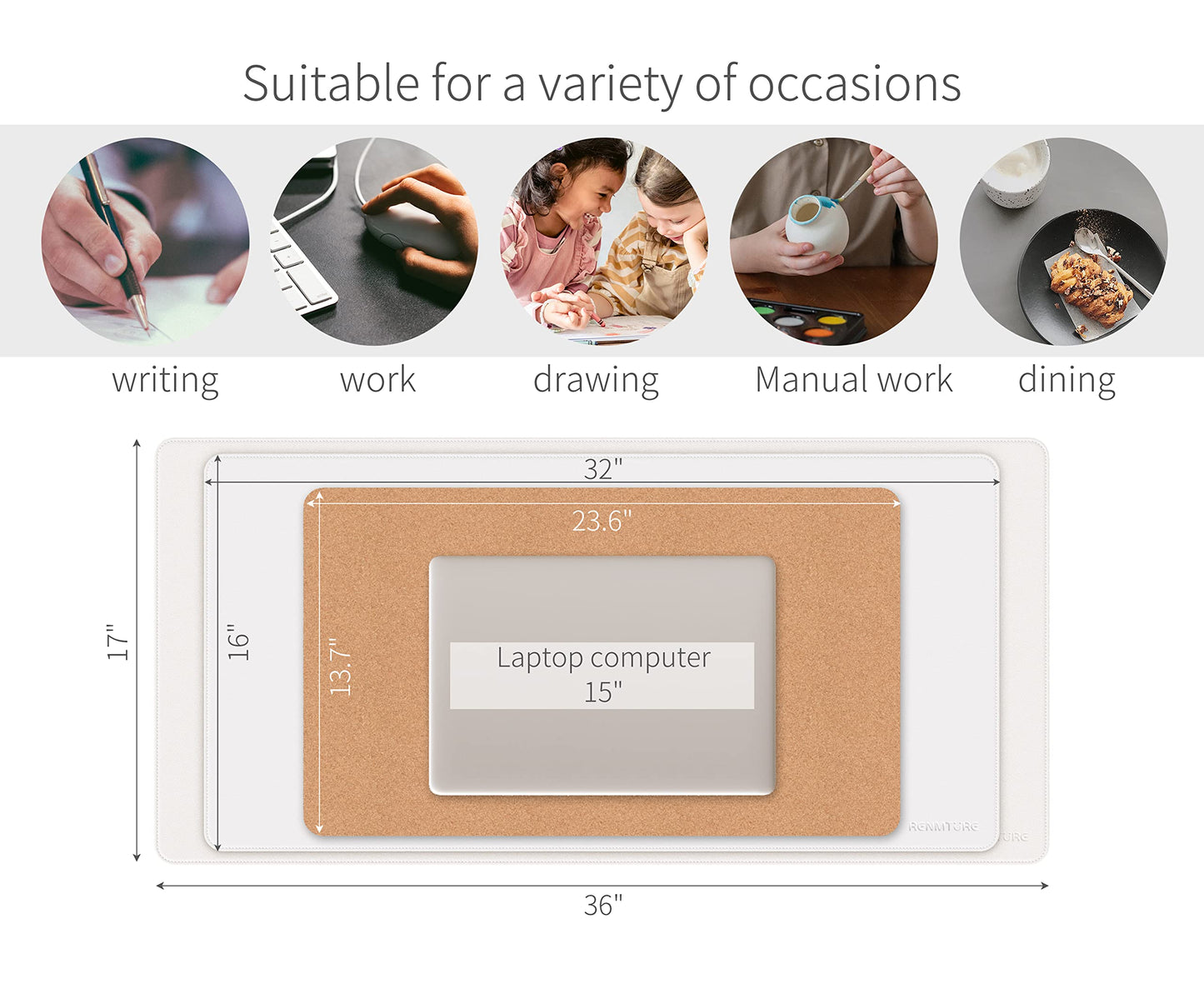 RENMTURE Dual-Sided Mouse Pad, Natural Cork & PU Leather Large Desk Pad for Office and Home Work
