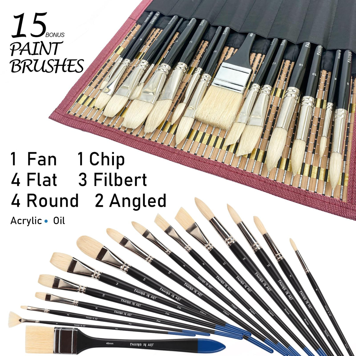Falling in Art 15 Pcs Professional Oil Paint Brush Set, Natural Hog Bristle