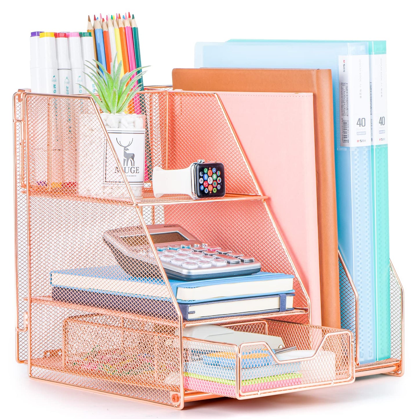 Topwey Rose Gold Desk Accessories, Office Supplies Desk Organizer Caddy with Sliding Drawer, Double