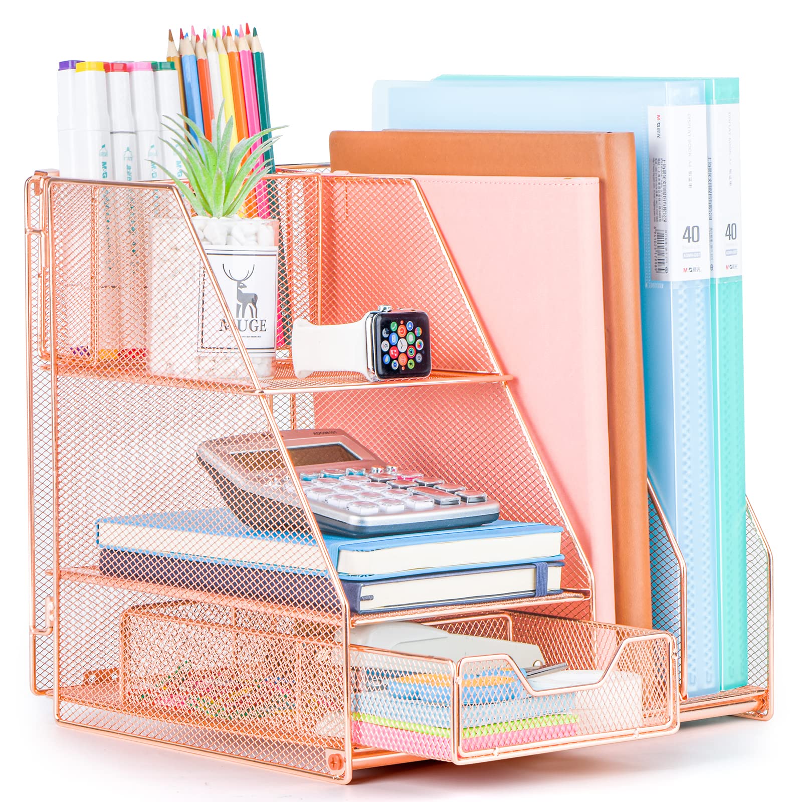 Topwey Rose Gold Desk Accessories, Office Supplies Desk Organizer Caddy with Sliding Drawer, Double