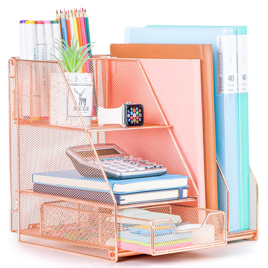 Topwey Rose Gold Desk Accessories, Office Supplies Desk Organizer Caddy with Sliding Drawer, Double
