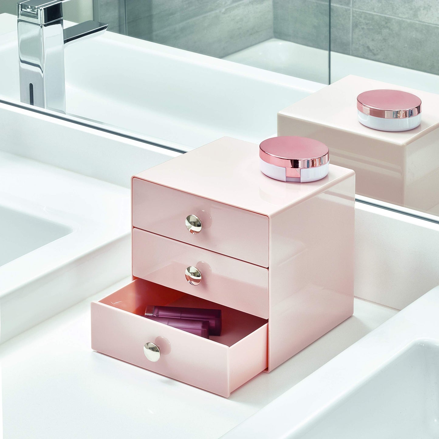 iDesign Plastic 3-Drawer Jewelry Box, Pink, 6.5" x 6.5" x 6.5"