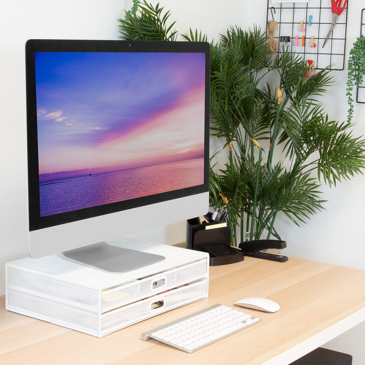 Mount-It! Mesh Computer Monitor Stand Riser [Metal] Desk Organizer with Two Pullout Storage Drawers