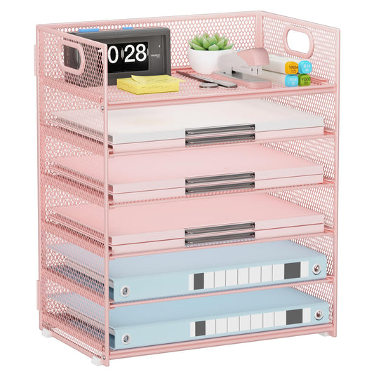 Kinkota Pink Paper Organizer for Desk with Handle, 6-Tier