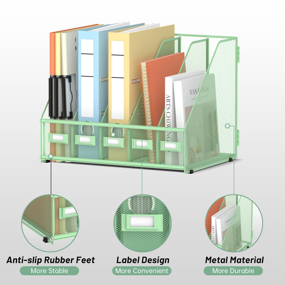 SUPEASY Desk Organizers Metal Desk Magazine File Holder with 5 Vertical Compartments Rack File