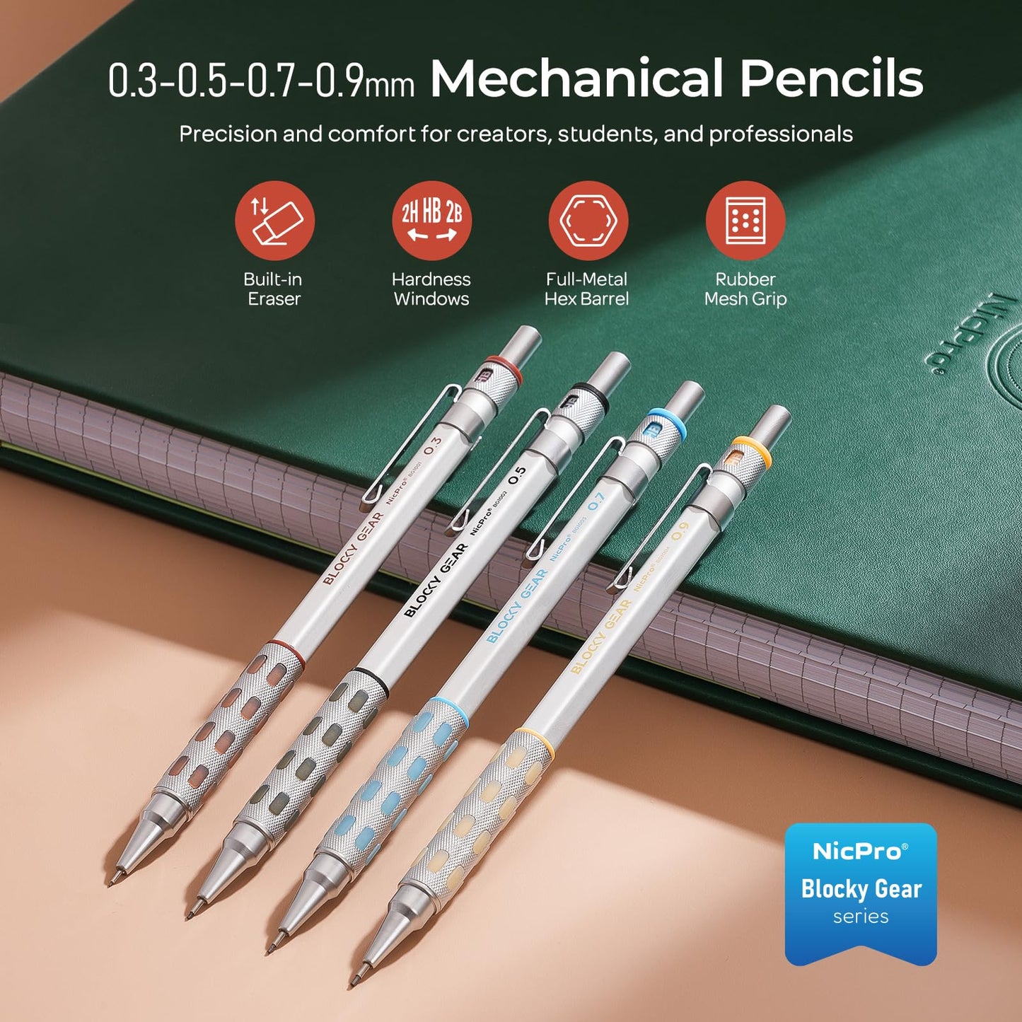 Nicpro 4 Pack Blocky Gear 0.3/0.5/0.7/0.9 mm Metal Mechanical Pencils Set