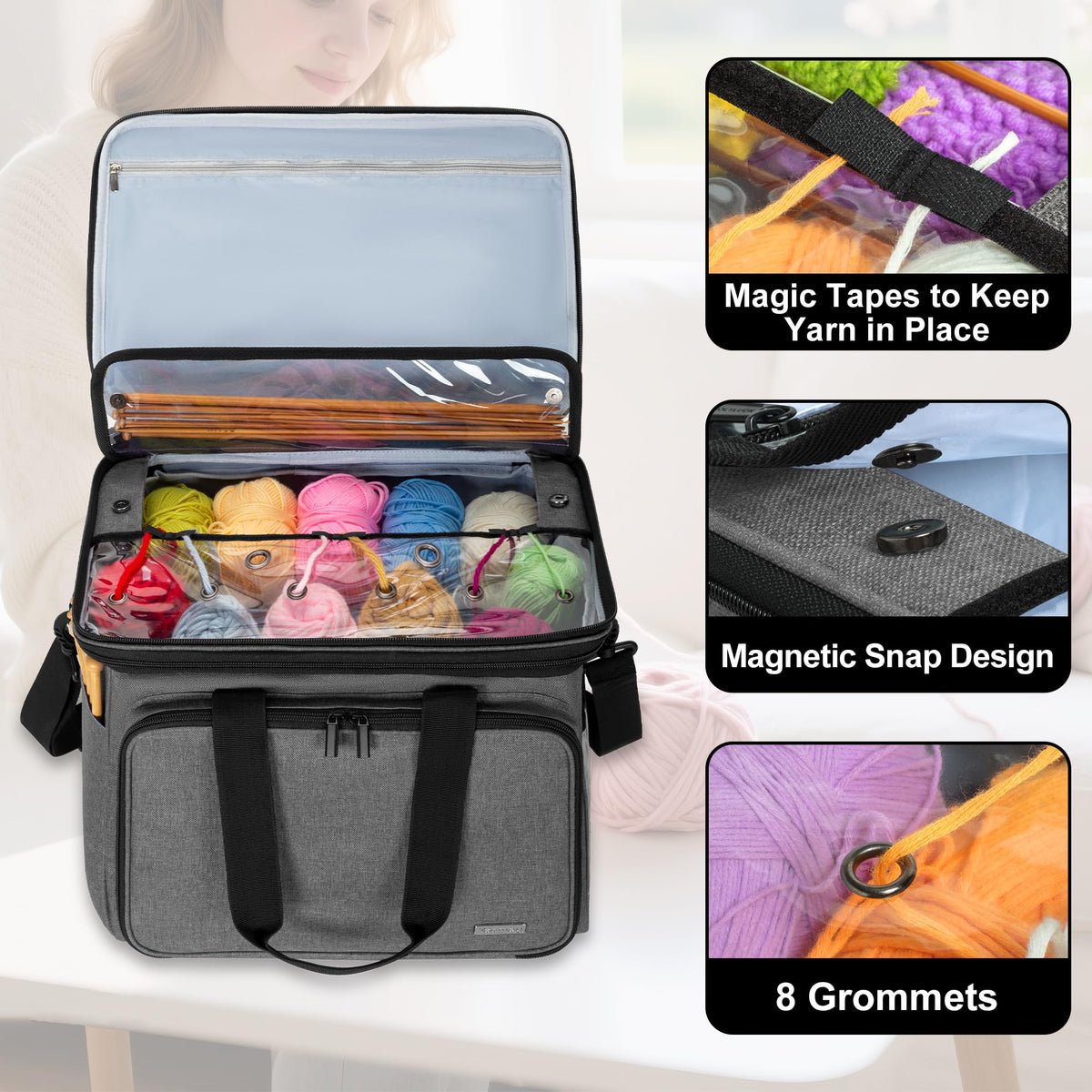 Teamoy Crochet Bag, Knitting Bag Yarn Storage Tote, Yarn Organizer, Gray
