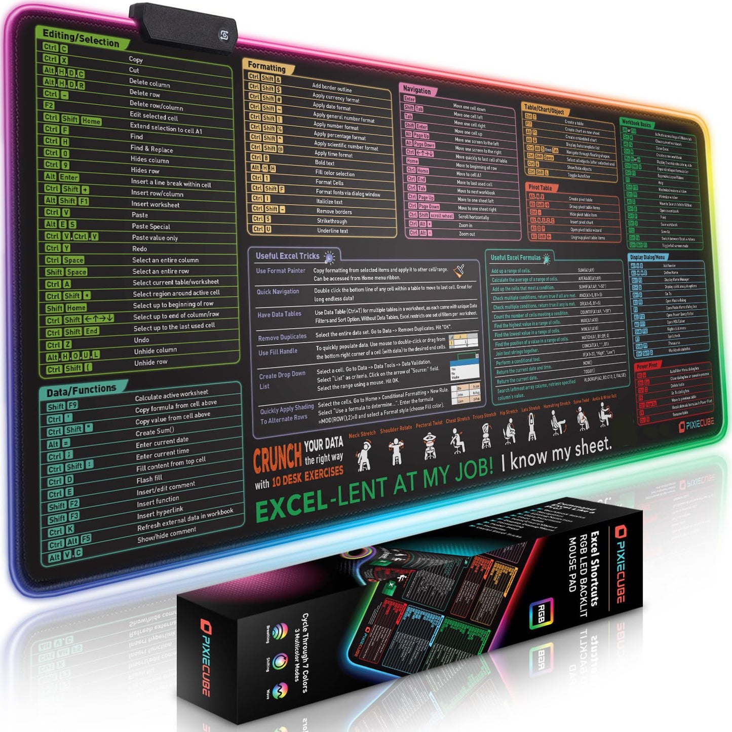 Excel Cheat Sheet LED Desk Pad | Excel Shortcut Keys Mouse Pad - Colorful RGB Luminous Extended