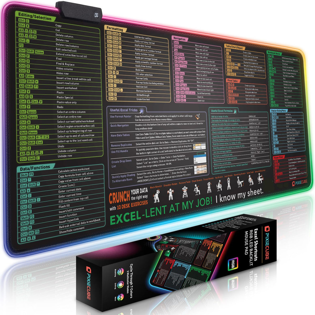 Excel Cheat Sheet LED Desk Pad | Excel Shortcut Keys Mouse Pad - Colorful RGB Luminous Extended