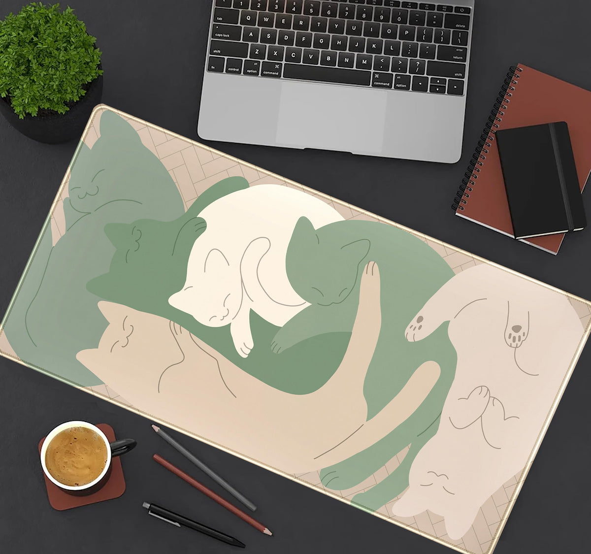 Cute Sleeping Cats Desk Mat Matcha Green Desk Pad, Minimalist Boho Mouse Pad XXL, Cream Tan Gaming