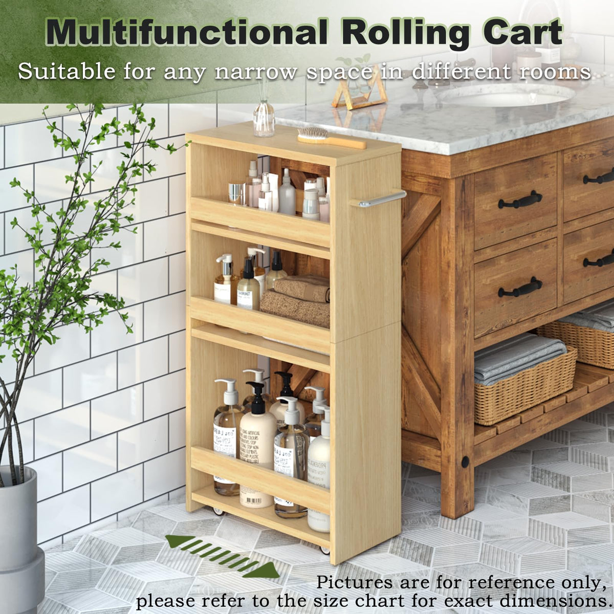 MARTY Slim Rolling Storage Cart, Wood Utility Kitchen Bathroom Laundry Cart