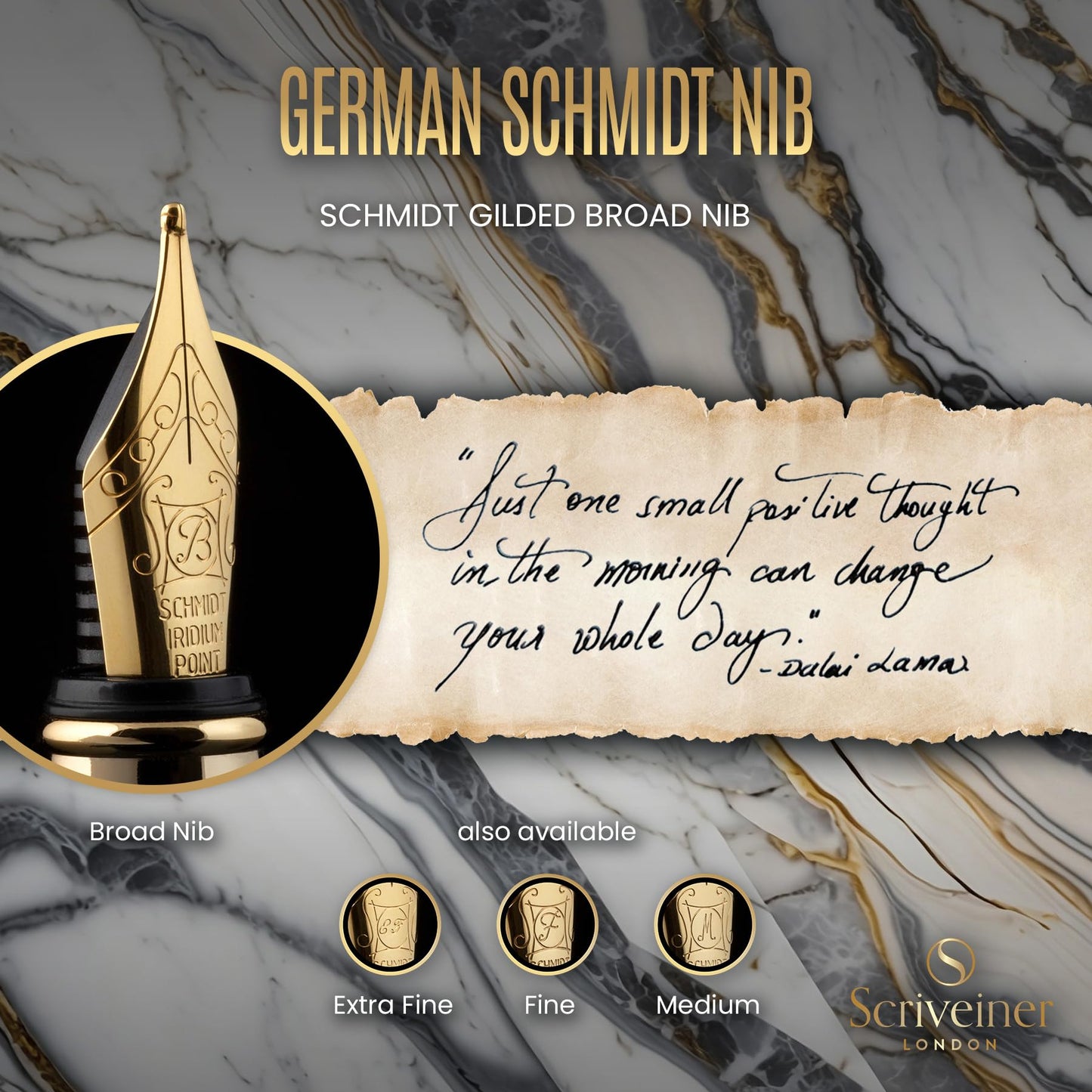 Scriveiner Silver Chrome Fountain Pen - Stunning Luxury Pen, Real Gold Finish, Schmidt Gilded Nib