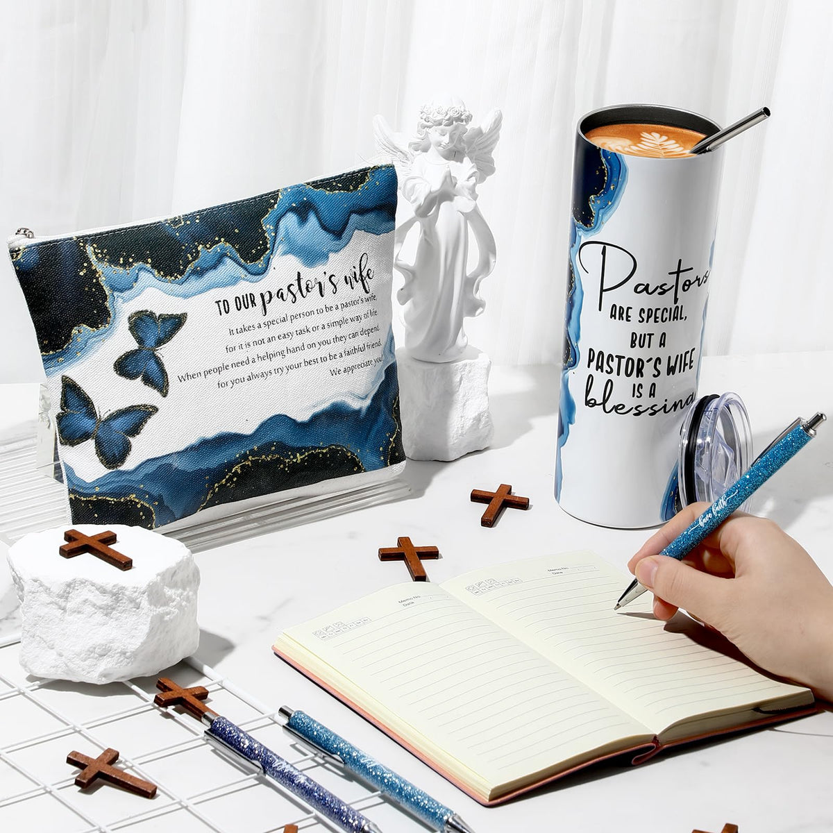 Watersay 6 Pcs Pastor's Wife Appreciation Gifts 20oz Marble Tumbler, Blue