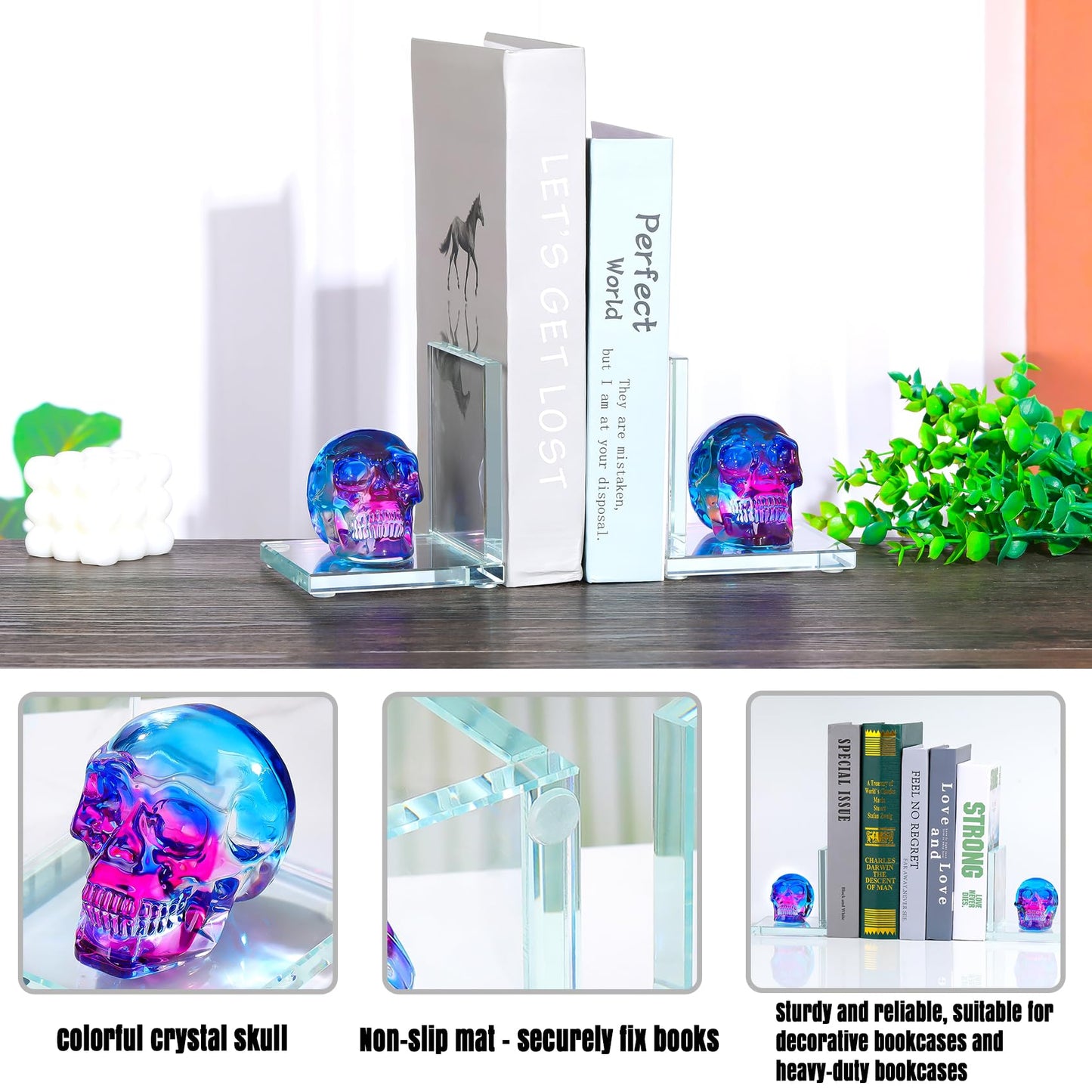 Glass Skull Book Ends for Shelves with Blue and Purple Crystal Skulls