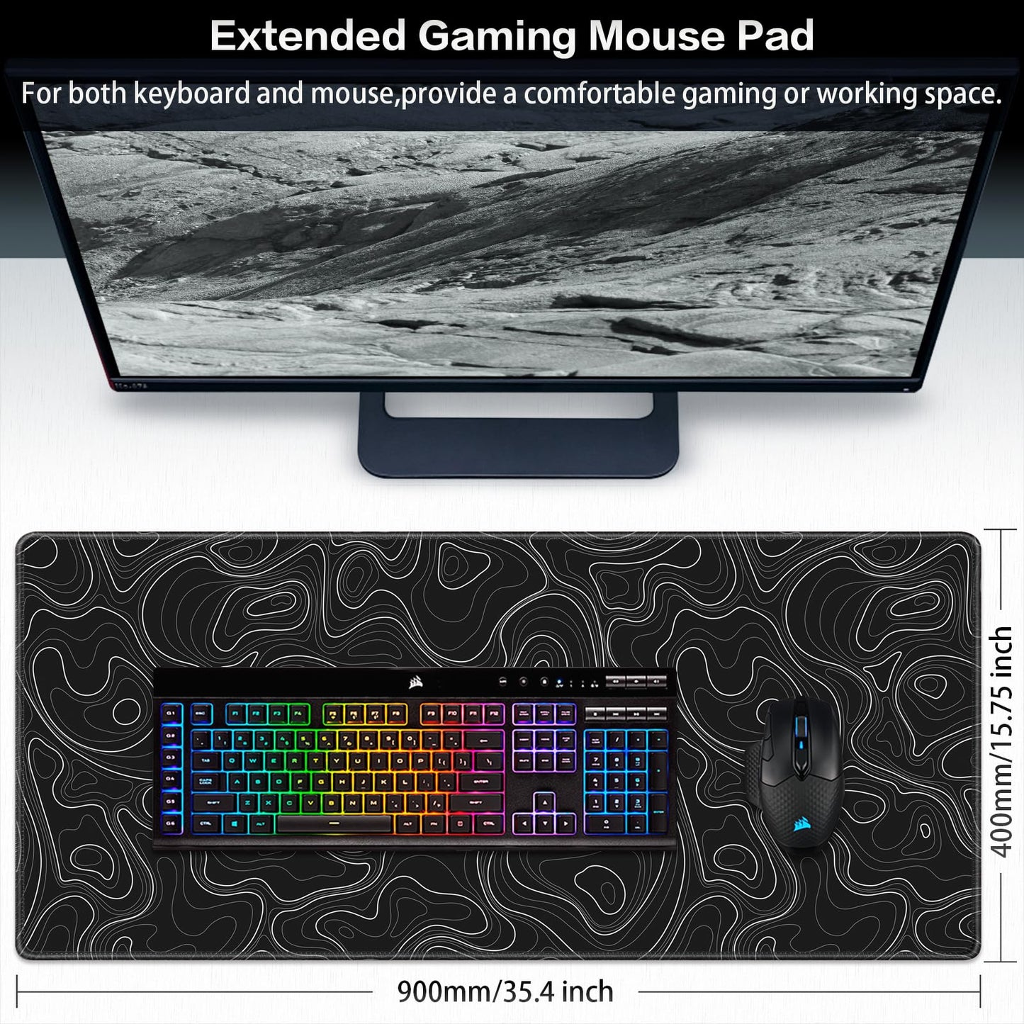 Canjoy Gaming Mouse Pad, 35.4x15.7in Topographic Large Mouse Pads for Desk