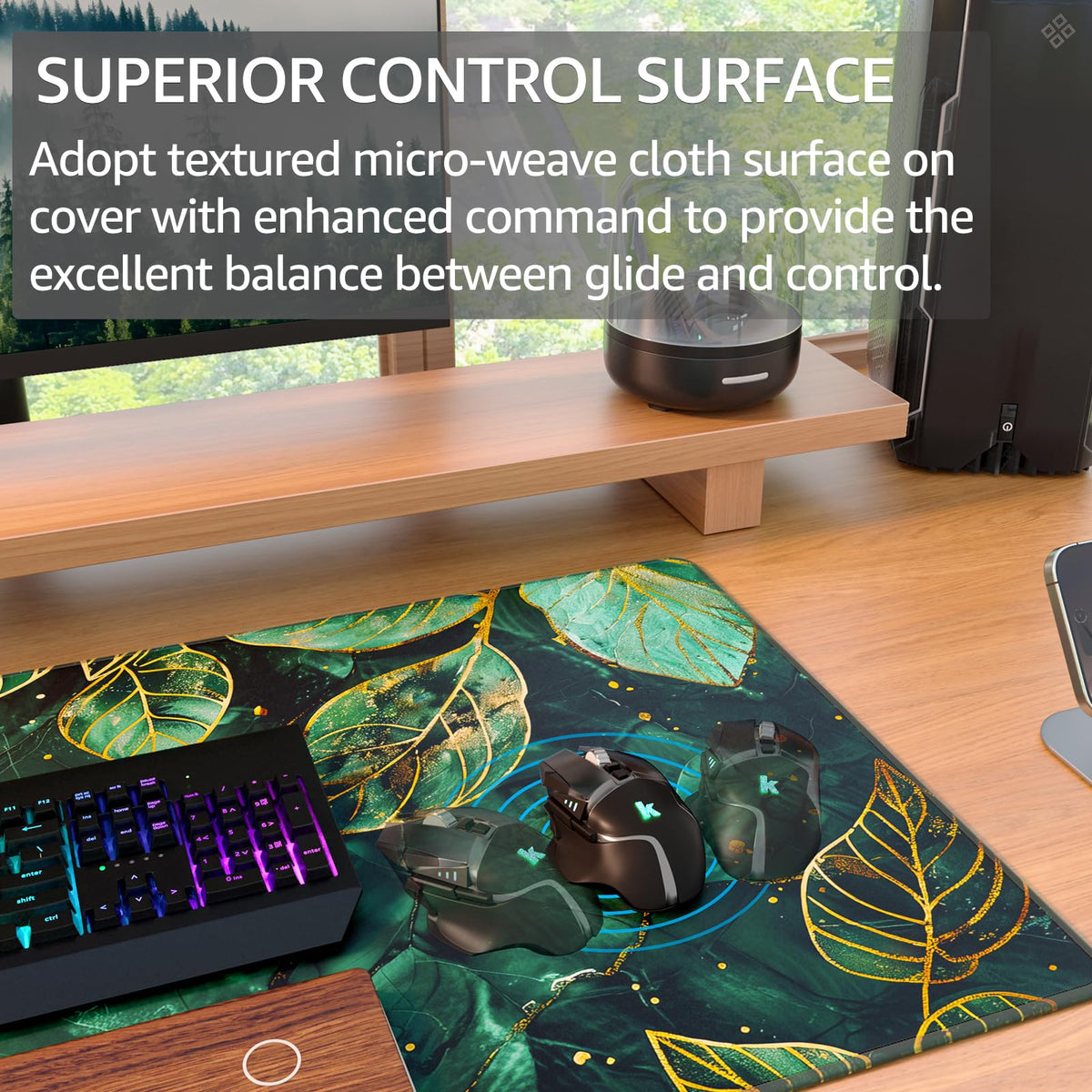 KTRIO Large Gaming Mouse Pad, Desk Mat, 31.5 x 15.7 in, Green Leaves, XXL