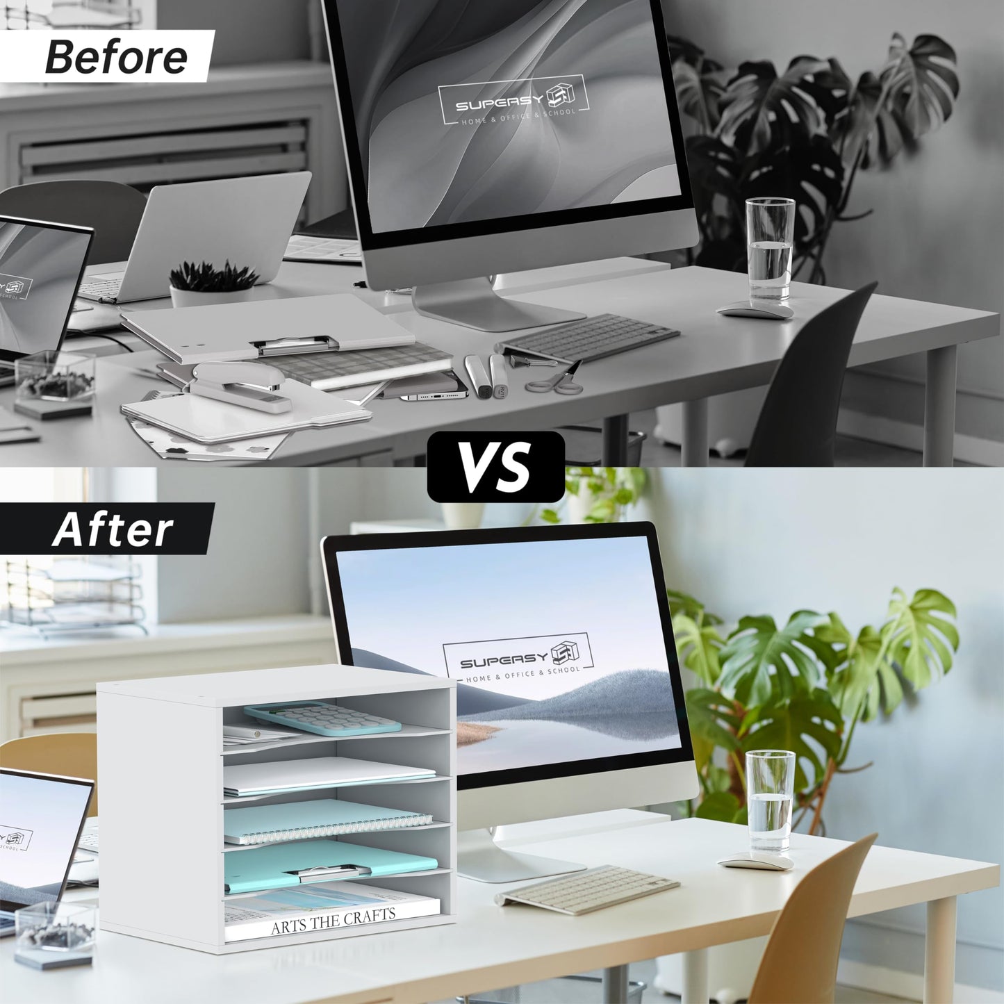 5 Tier Wood Desk Organizer, Mail Sorter and Paper Organizer for Desk, White