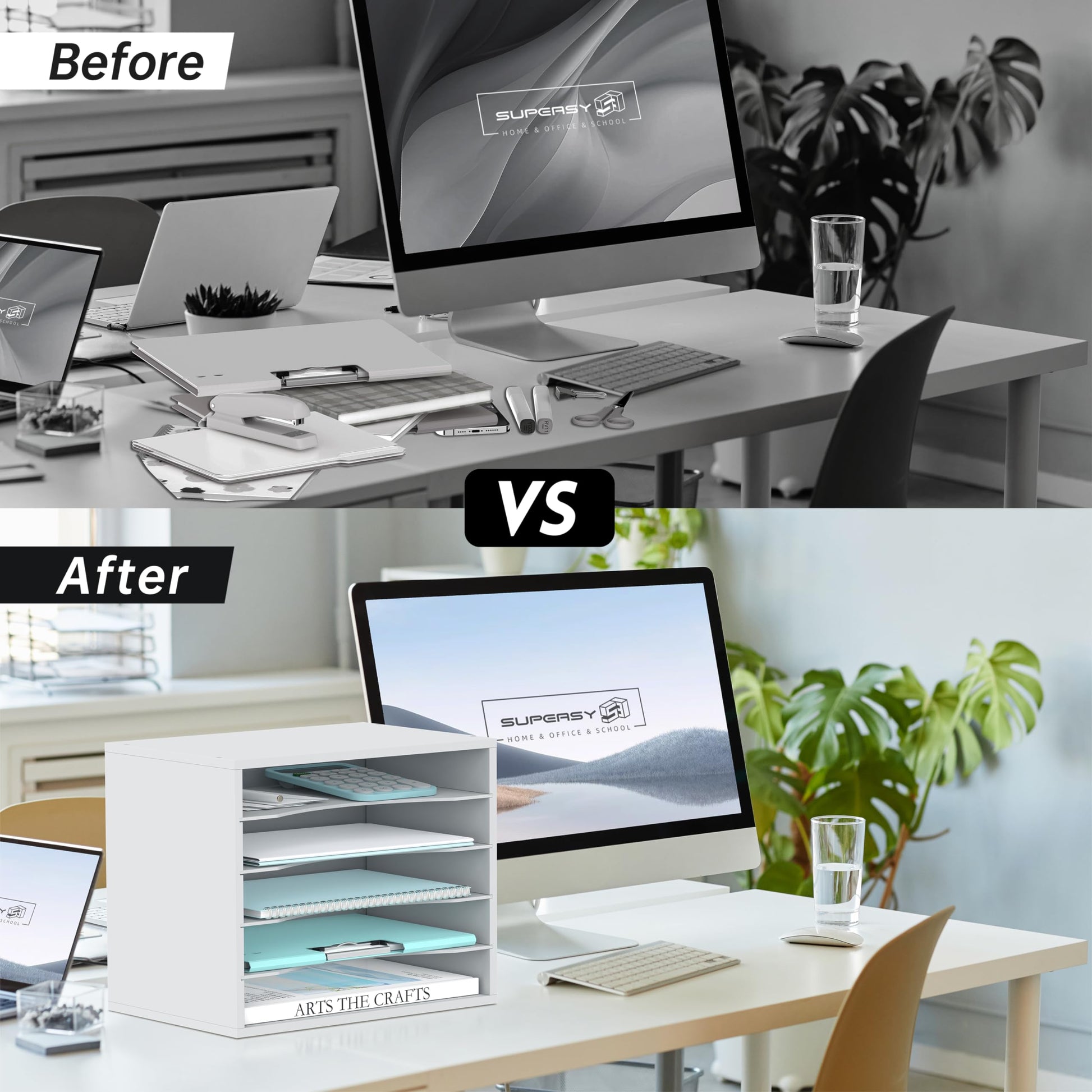 5 Tier Wood Desk Organizer, Mail Sorter and Paper Organizer for Desk, White