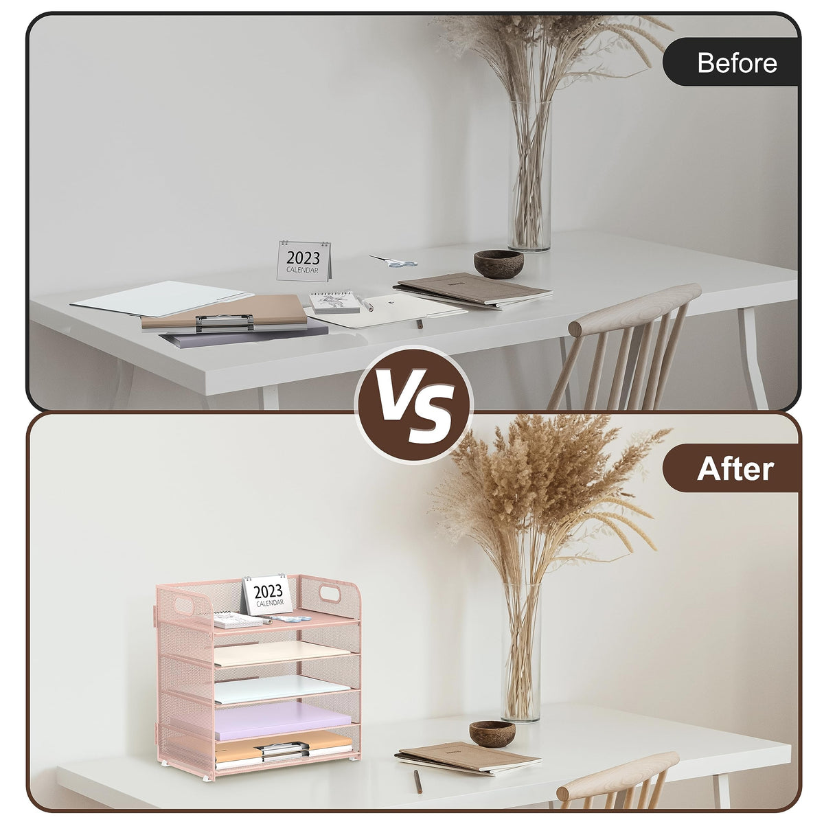 2 Pack 5-Tier Pink Desk Organizer with Handle Mesh Desk File/Paper Organizer Letter Tray for