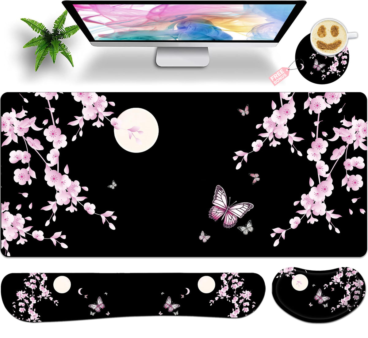 JYCUHTCL Large Gaming Mouse Pad Set 35.4 x 15.7 with Keyboard Wrist Rest, Wrist Support, and