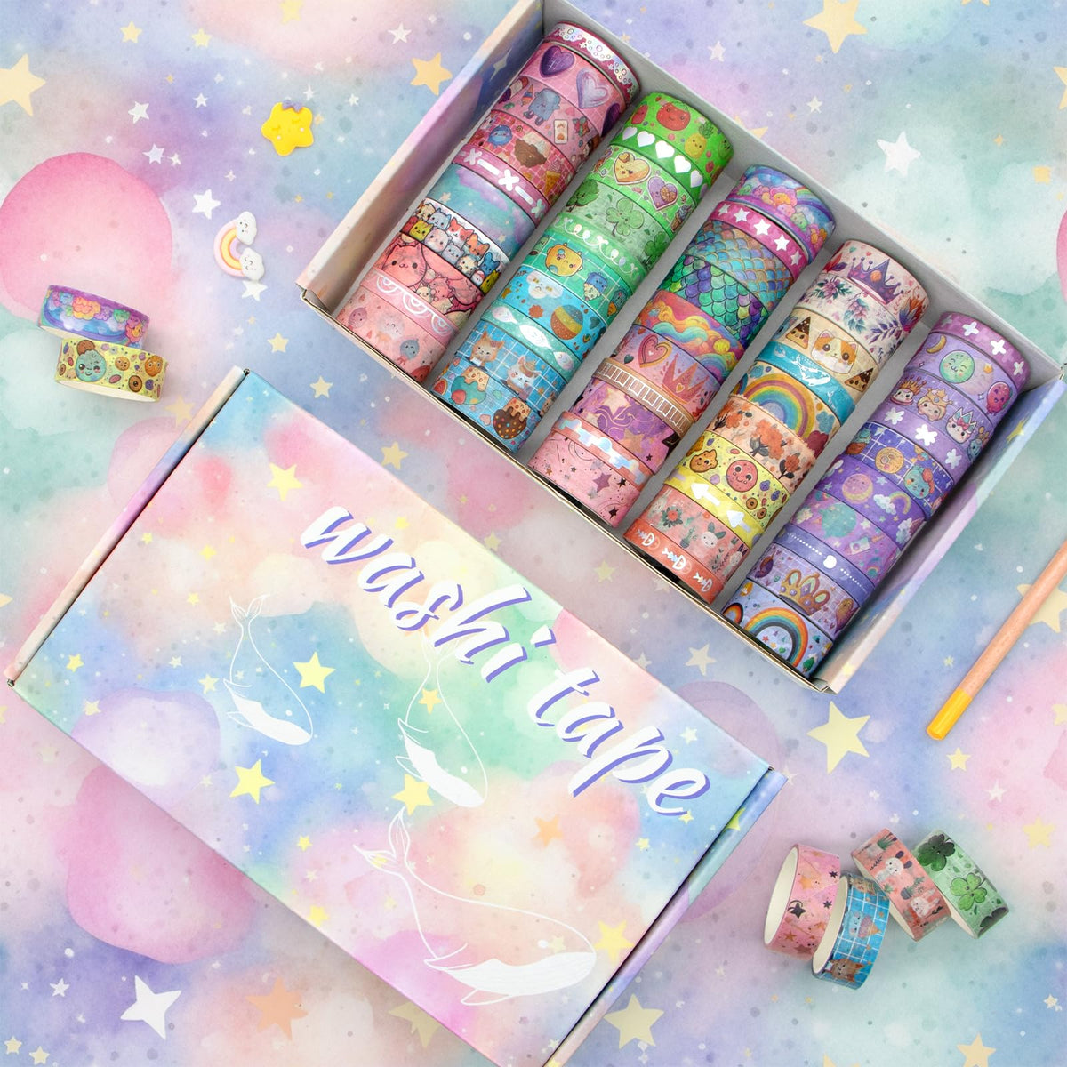WAPETASHI 50 Rolls Washi Tape Set, Silver Cute Washi Tape for Scrapbooking, Bullet Journal