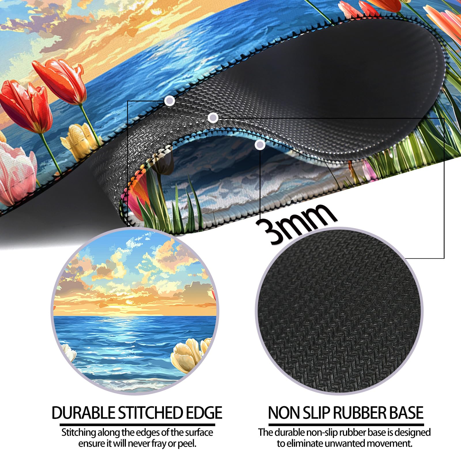 JIANG100 Tulips with Ocean Waves Gaming Desk Mat, Extended Mouse Pad, XL