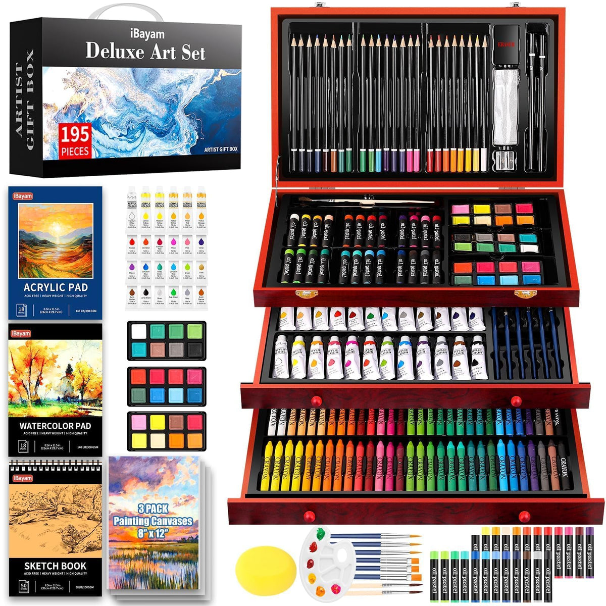 iBayam Art Supplies, 195-Pack Deluxe Drawing Painting Kit, 3 Sketchbook Set
