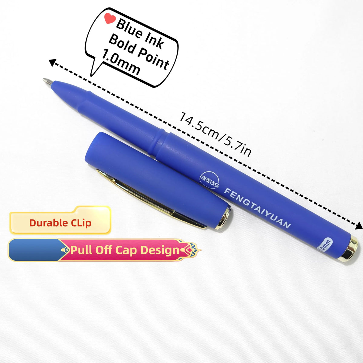 Fengtaiyuan Capped Gel Pens, 1.0mm Bold Point Quick Dry Blue Ink, UV Plated Soft-Touch Thick