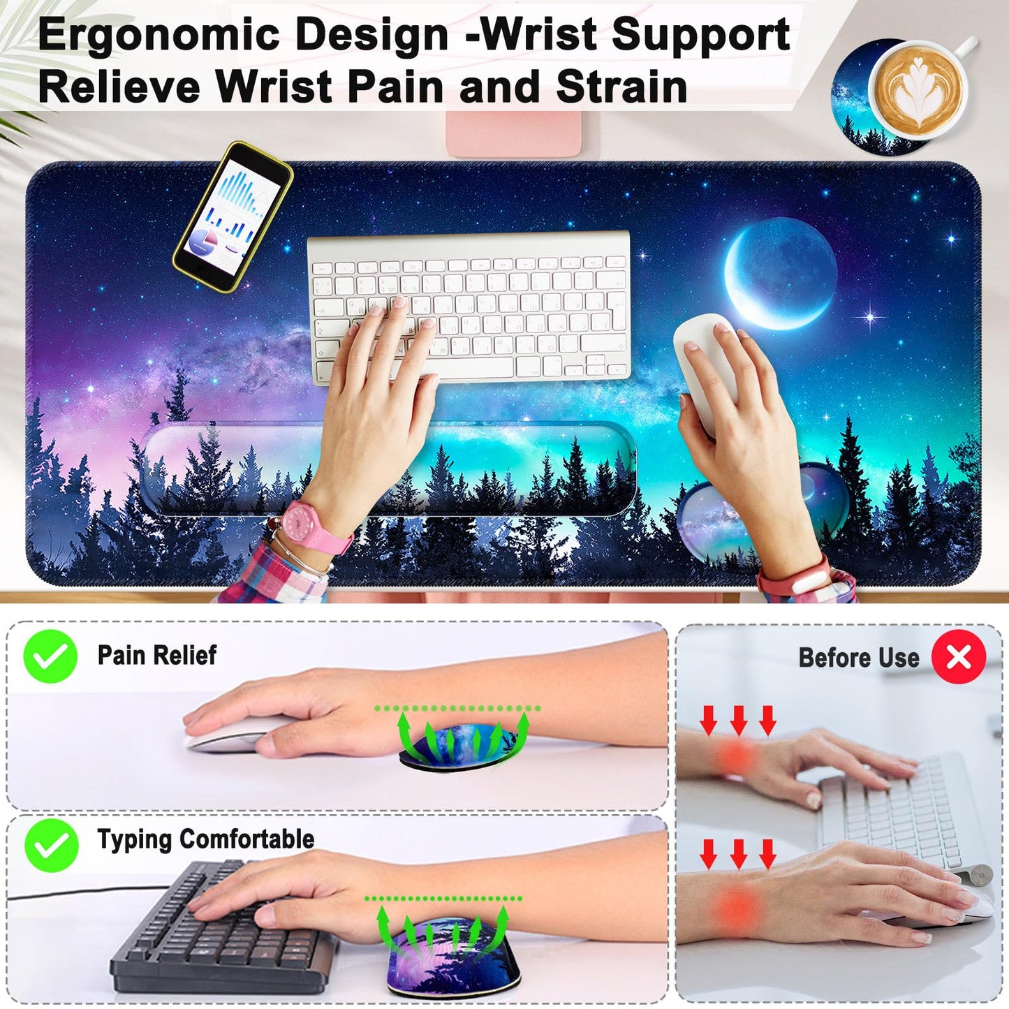 4 in 1 Mouse Pad and Keyboard Wrist Rest,Large Desk Mat,Coaster Set-Forest