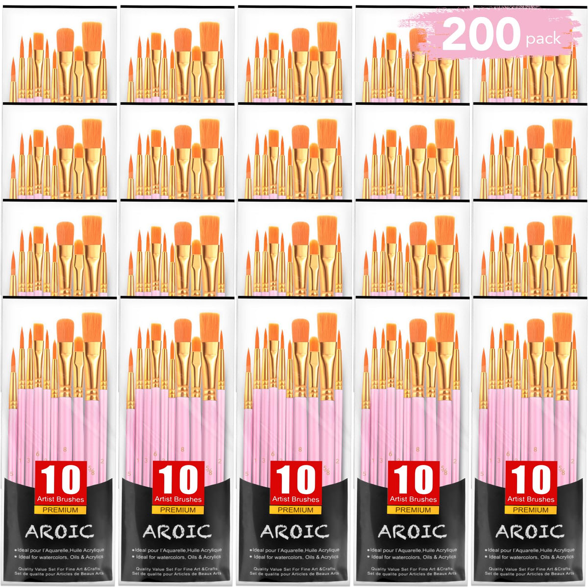 Acrylic Paint Brush Set, 20 Packs/200 pcs Nylon Hair Brushes