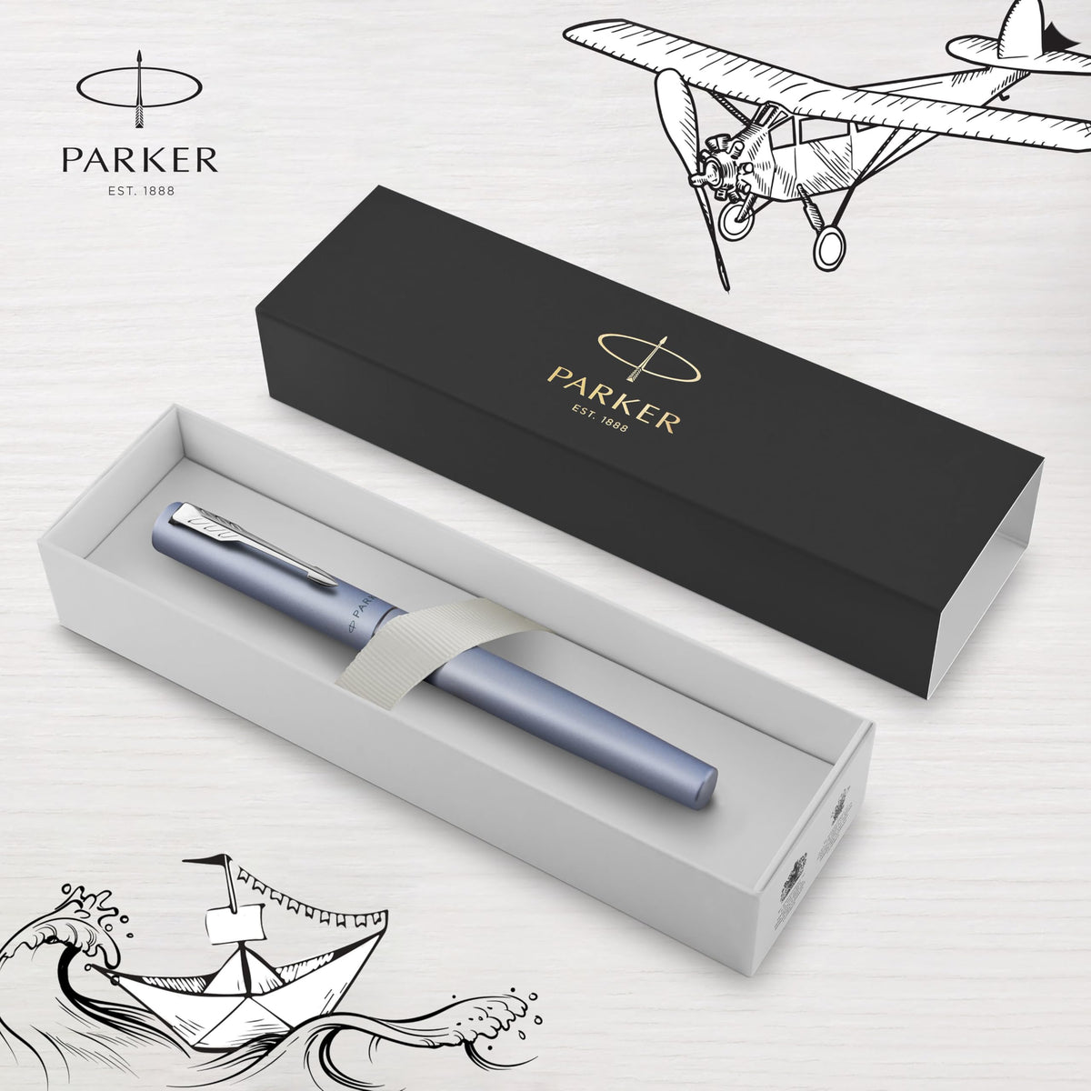 Parker Vector XL Fountain Pen | Metallic Silver-Blue Lacquer on Brass | Medium Nib with Blue Ink