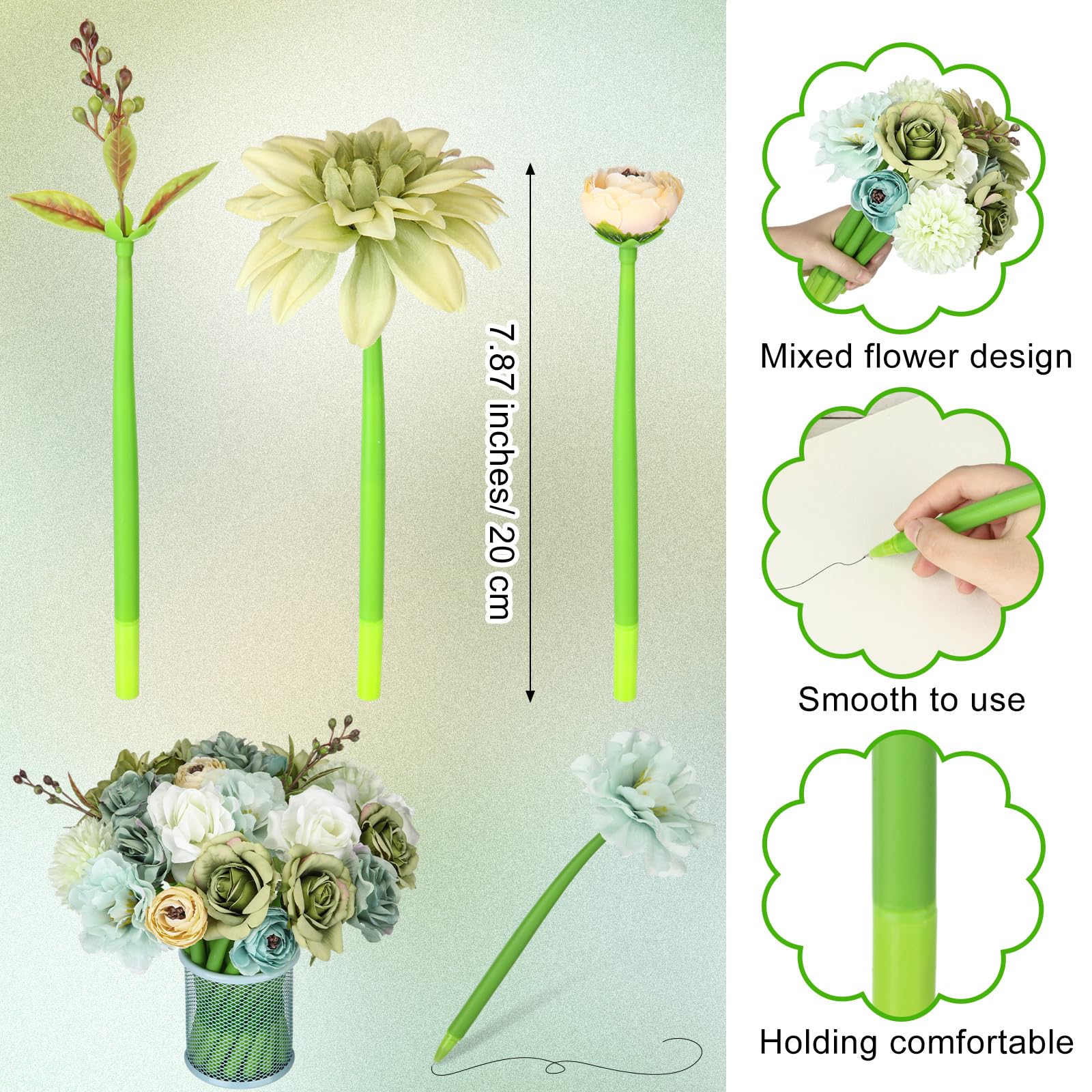 BBTO 24 Pcs First Day Flower Pen Ballpoint with Flower Top, Forest