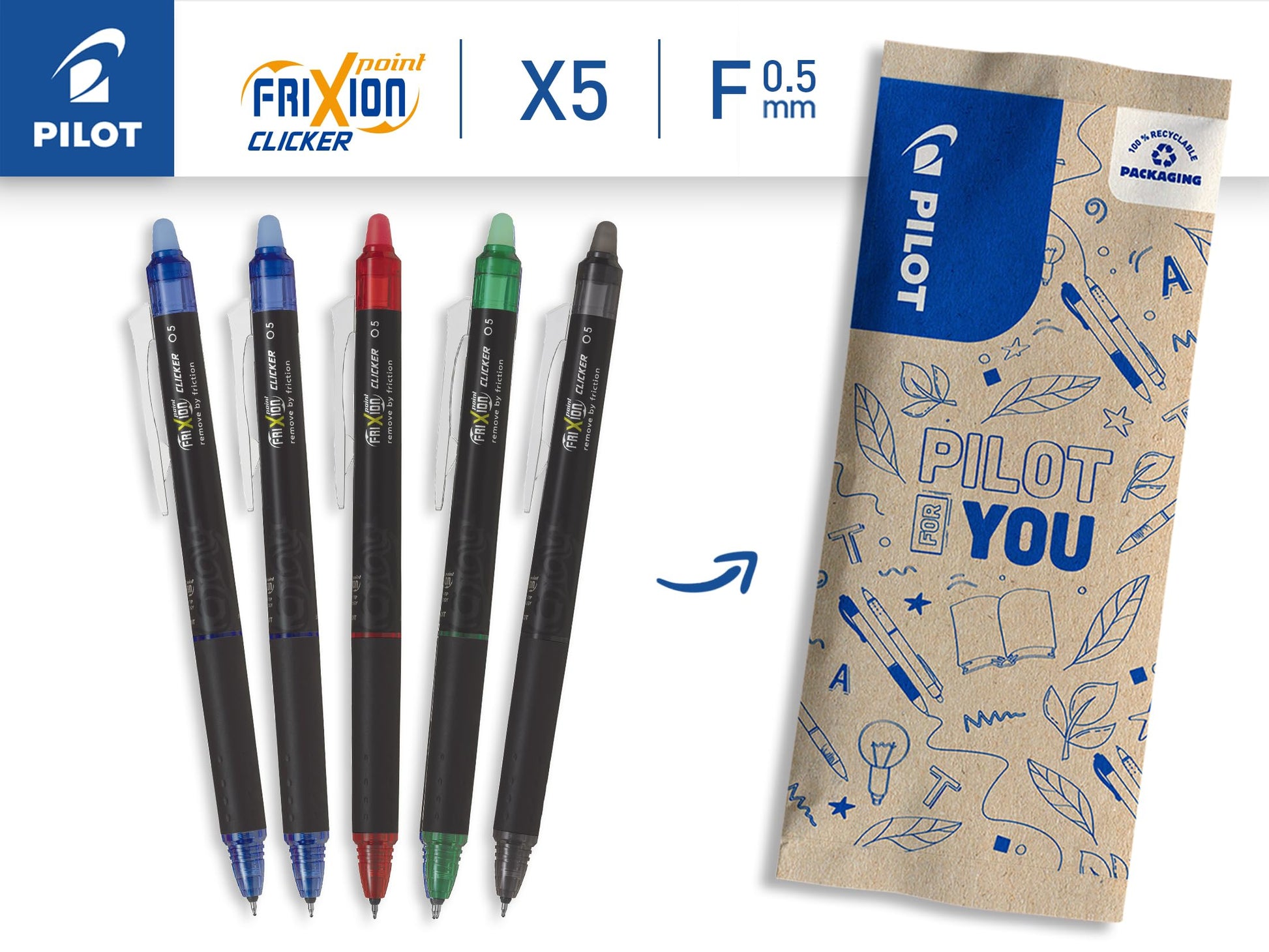 Pilot - Pack of 5 - FriXion Point Clicker 0.5 - Retractable, Erasable Thermo Sensitive Ink Pen - 1