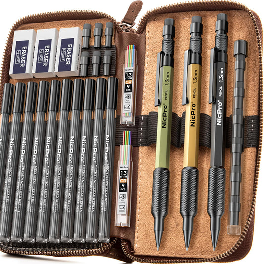 Nicpro 21PCS 1.3 mm Mechanical Pencil Set in Leather Bag with 138 Leads