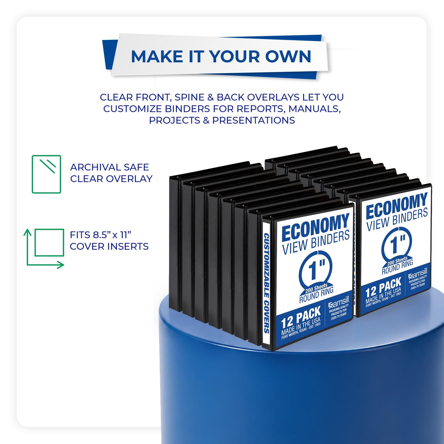 Samsill 1 Inch 3 Ring Binders, Economy Round Ring, Clear View Cover, 200 Sheet Capacity - for